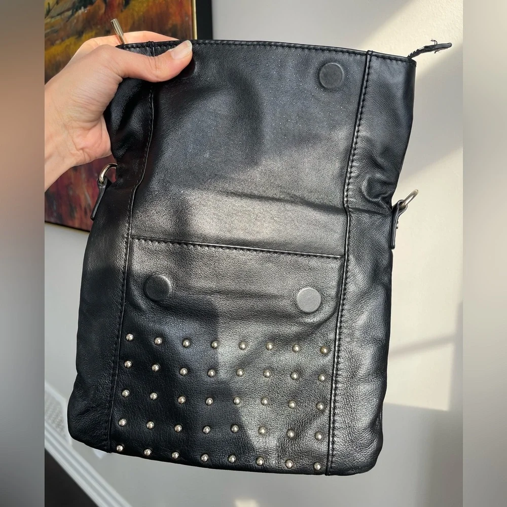 Danier | Black Studded Leather HandBag, Silver Strip Detail, Magnet Closure - Picture 8 of 14